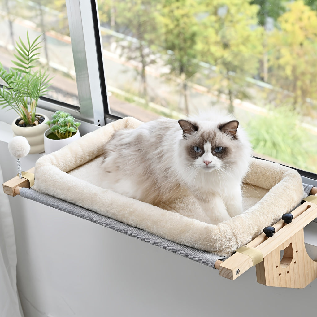 Wooden Cat Window Hammock, 19.7 x 15 Inch Adjustable Windowsill Perch with Plush Cushion and Optional Cooling Mat for Indoor Cat Lounging
