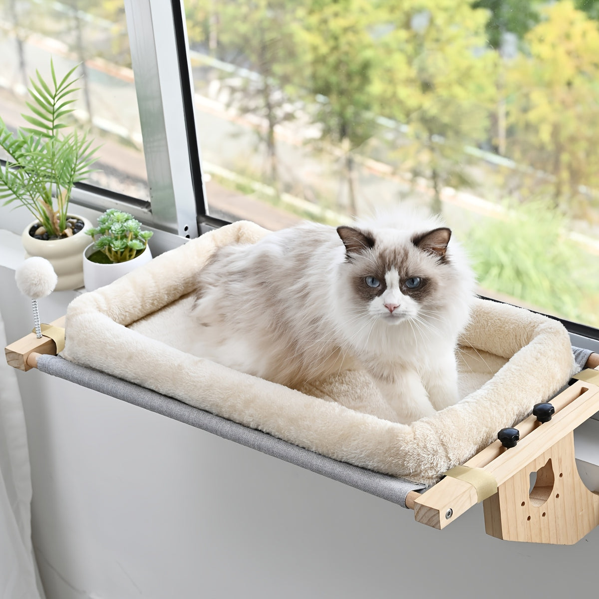 Wooden Cat Window Hammock, 19.7 x 15 Inch Adjustable Windowsill Perch with Plush Cushion and Optional Cooling Mat for Indoor Cat Lounging