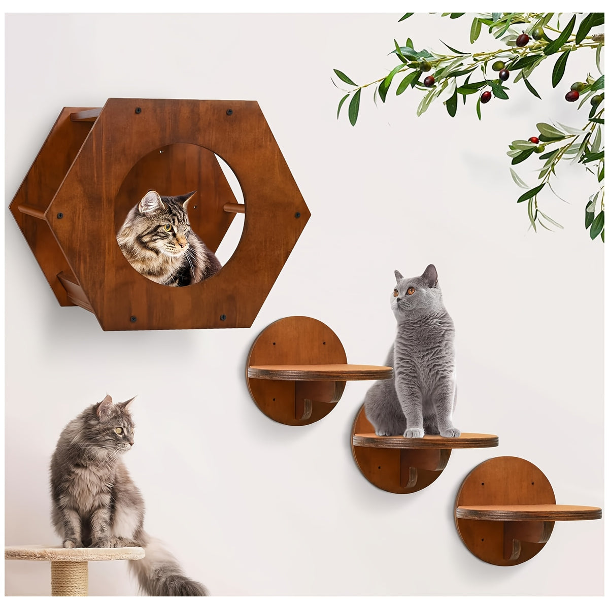 Cat Wall Shelves with Hexagon House, 4-Piece Wooden Climbing Furniture Set with 3 Steps and Scratching Post for Small and Medium Indoor Cats up to 20 lbs