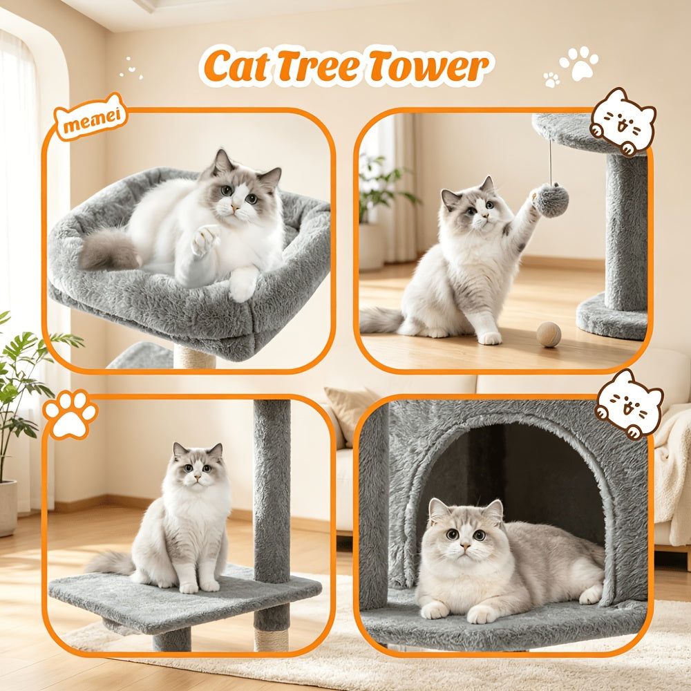 Cat Climbing Tower 44 Inch Multi-Level, Cat Activity Tree with Large Hammock, Enclosed Condo, Top Perch, Natural Sisal Scratch Posts and 2 Hanging Ball Toys for Multiple Cats