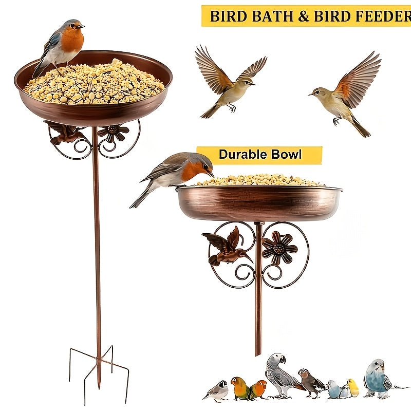 Sunflower Metal Bird Bath and Feeder with 5-Prong Ground Stake, Bronze Garden Basin with Hummingbird Accent, Single or Double-Layer Options, No Fountain
