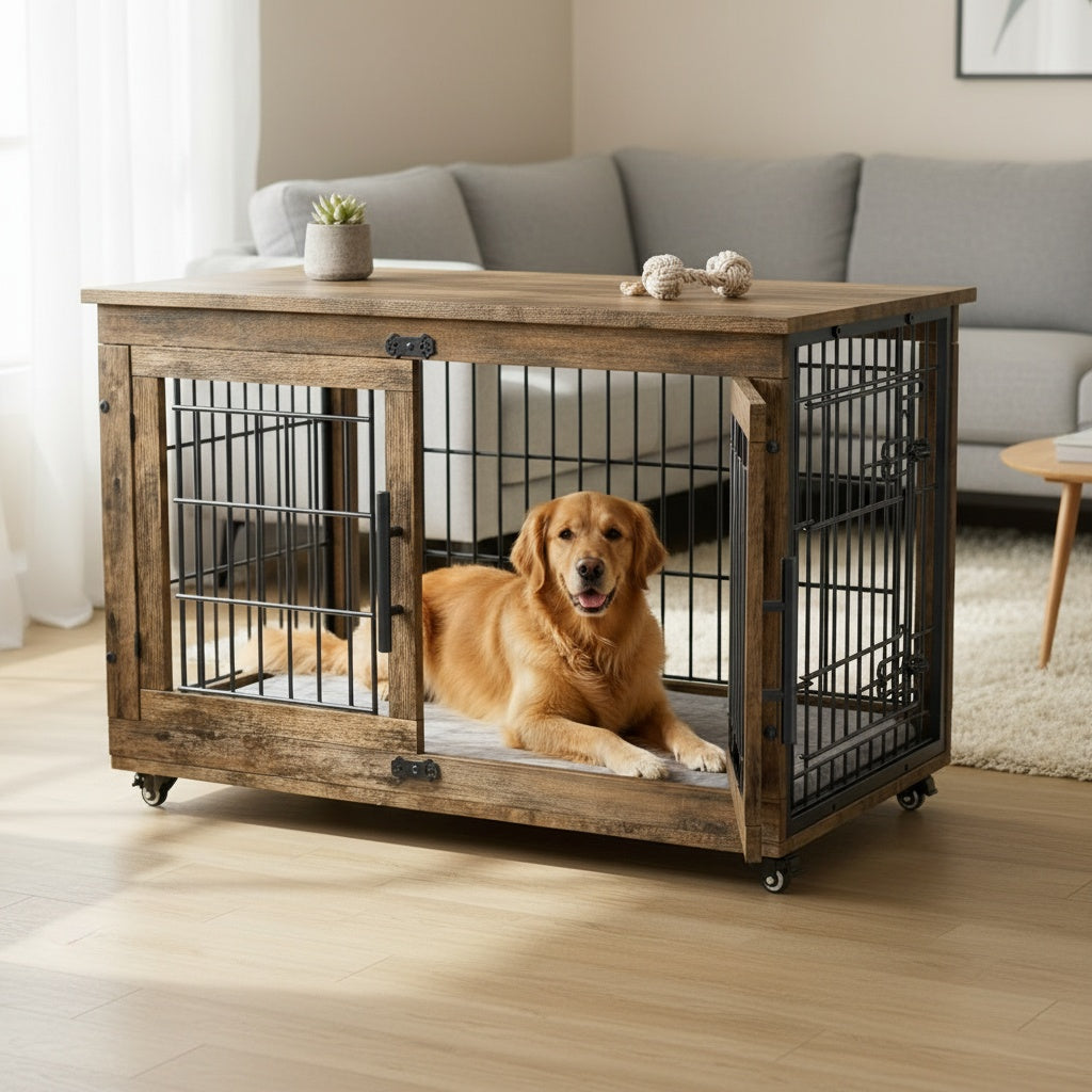 Wooden Dog Crate Furniture with Cushion Mat, 4 Sizes, Metal Bar Kennel End Table with Secure Lock, Reversible Side Door, Wheels or Anti-Slip Feet, Gray or Brown for S to XL Dogs