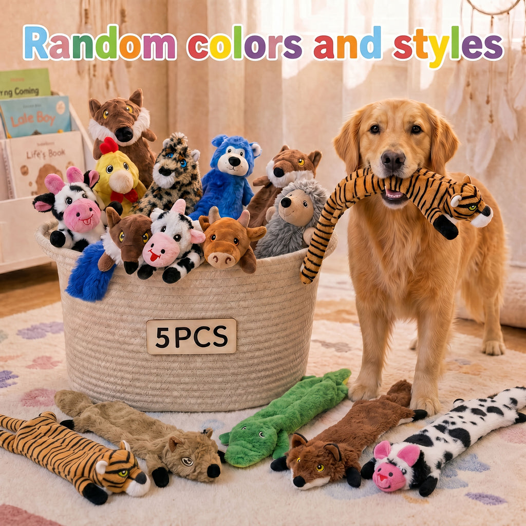 Cartoon Squeaky Dog Toys 5 Pack, Random Animal Plush Assortment in Medium or Large for Supervised Gentle Play and Toy Rotation, Basket Not Included