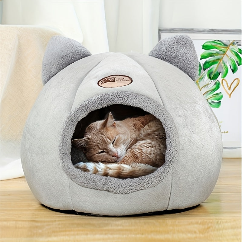 Cat Cave Bed with Cute Cat Ears for Indoor Cats and Kittens, Gray Enclosed Sleeping House with Rounded Entrance for Quiet Naps