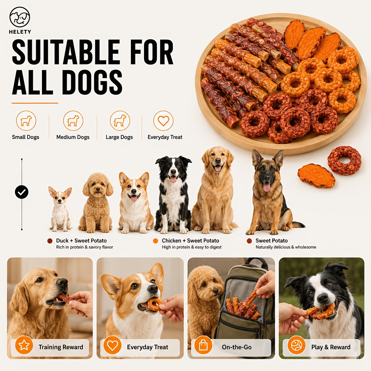 Sweet Potato Dog Treat Selection with Dried Slices, Duck Sweet Potato and Chicken Donut Options, Chewy Snacks for Supervised Rewards and Treat Time