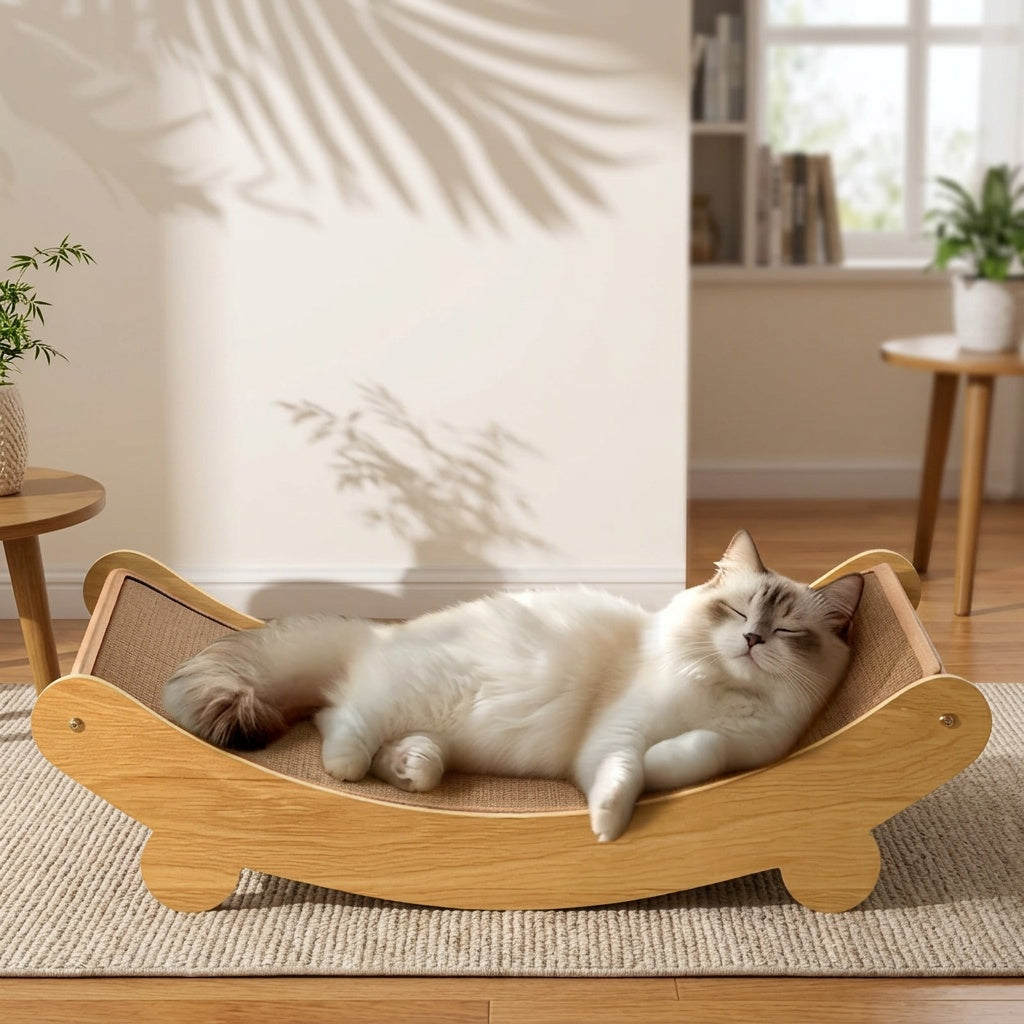 Sisal Cat Hammock Bed with Curved Wooden Frame, 2-in-1 Cat Scratcher Lounger in Small or Large for Indoor Scratching, Stretching and Napping