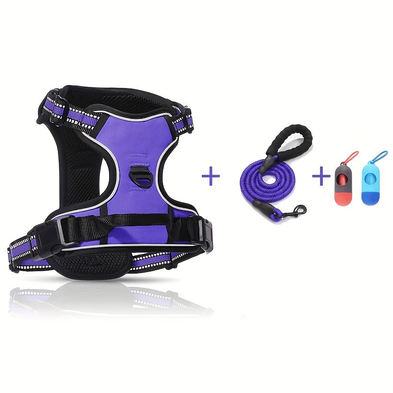Dog Harness 4-Piece Walking Set with Reflective Strips, Adjustable No-Pull Chest and Back Straps and Padded Leash for Small to Large Dogs