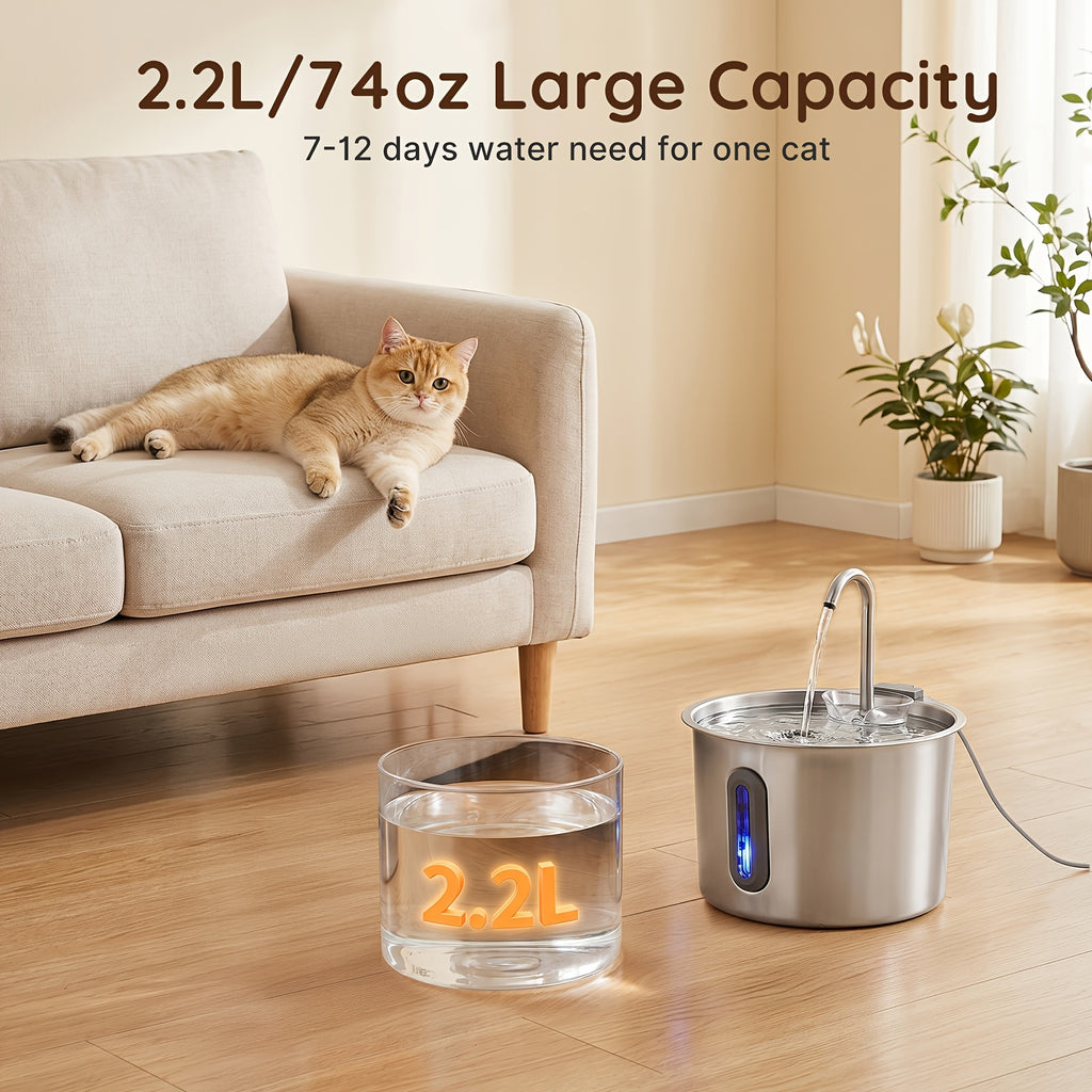 Cat Water Fountain with Filter and Sponge Bundles, 74oz 2.2L Stainless Steel Drinking Dispenser with Water Level Window for Indoor Cats and Small Dogs