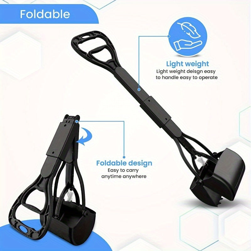 Dog Poop Scooper with Foldable Long Handle, Three-Piece Black Pet Waste Shovel with Ergonomic Grip and Straight Edge for Indoor and Outdoor Cleanup