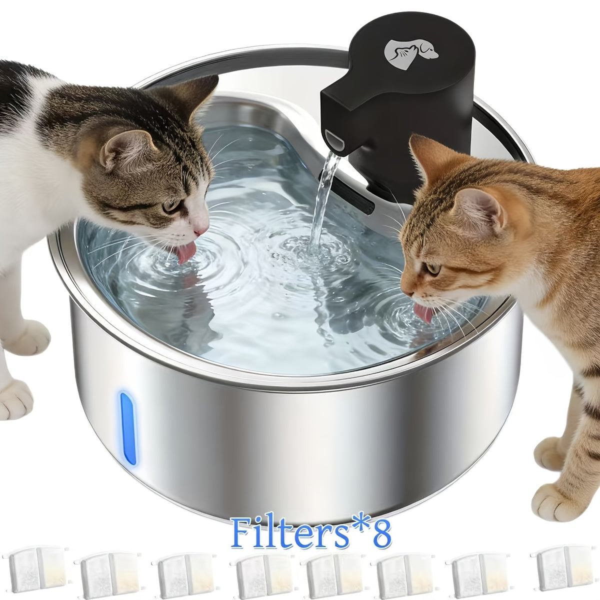 5L Stainless Steel Cat Water Fountain with Water Level Window and Red Blue LED Indicators, Quiet Pet Drinking Dispenser for Dogs and Cats with 2, 5 or 8 Filters