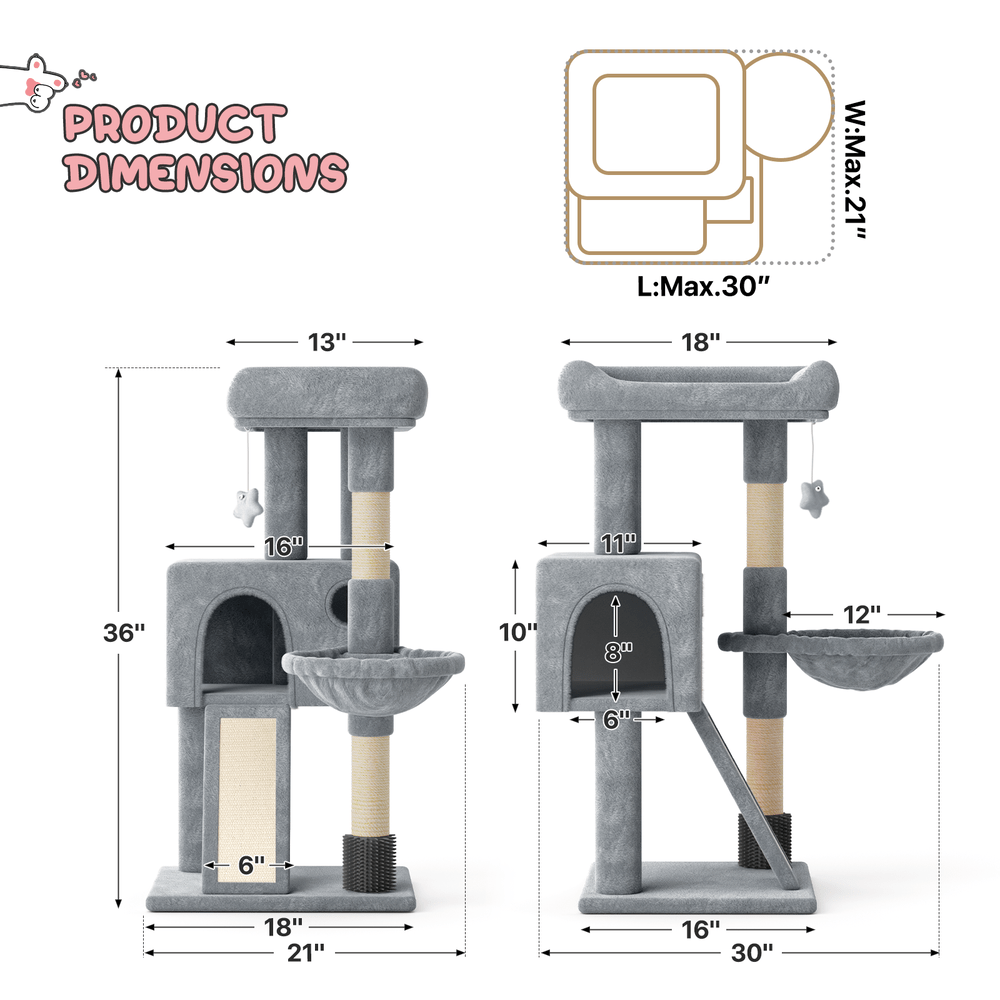 Compact Cat Tree 36 Inch with Hammock and Condo, Plush Indoor Cat Tower with Sisal Scratching Post, Scratching Board and Hanging Ball, Two Gray Colors