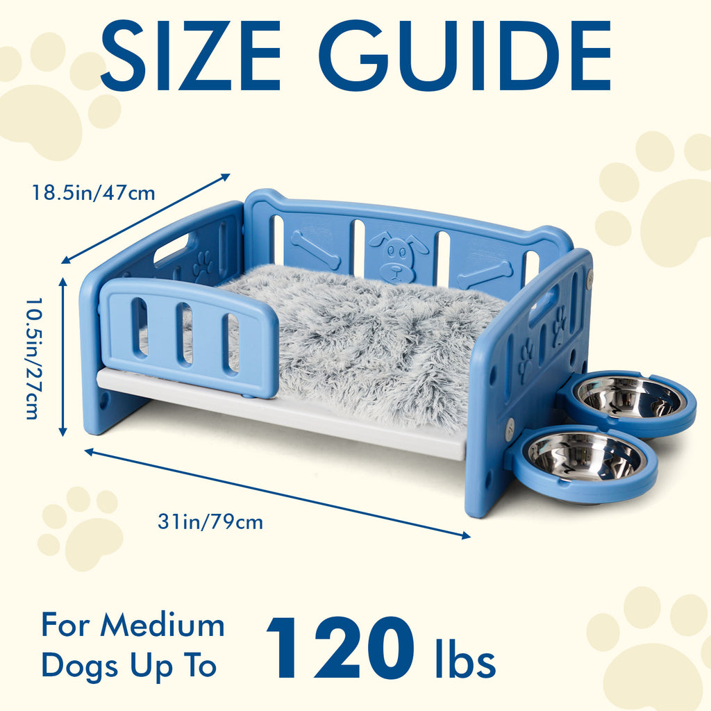 Elevated Dog Bed with Feeding Bowls, Plush Mat and Front Entry, Pink or Blue Pet Sofa with Paw-Print Side Panels for Small to Medium Dogs