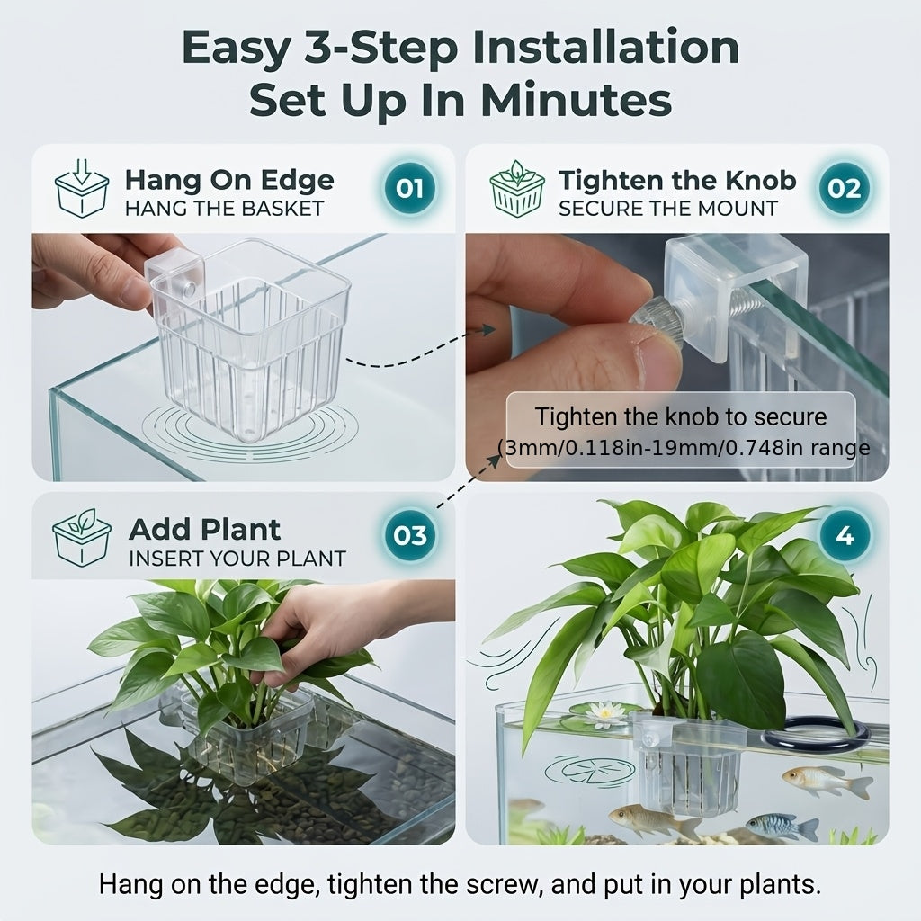 Aquarium Plant Holder Set with Floating Feeding Ring, 3-Piece Fish Tank Accessory Kit with 2 Top-Hanging Aquatic Plant Baskets and Hook Openings