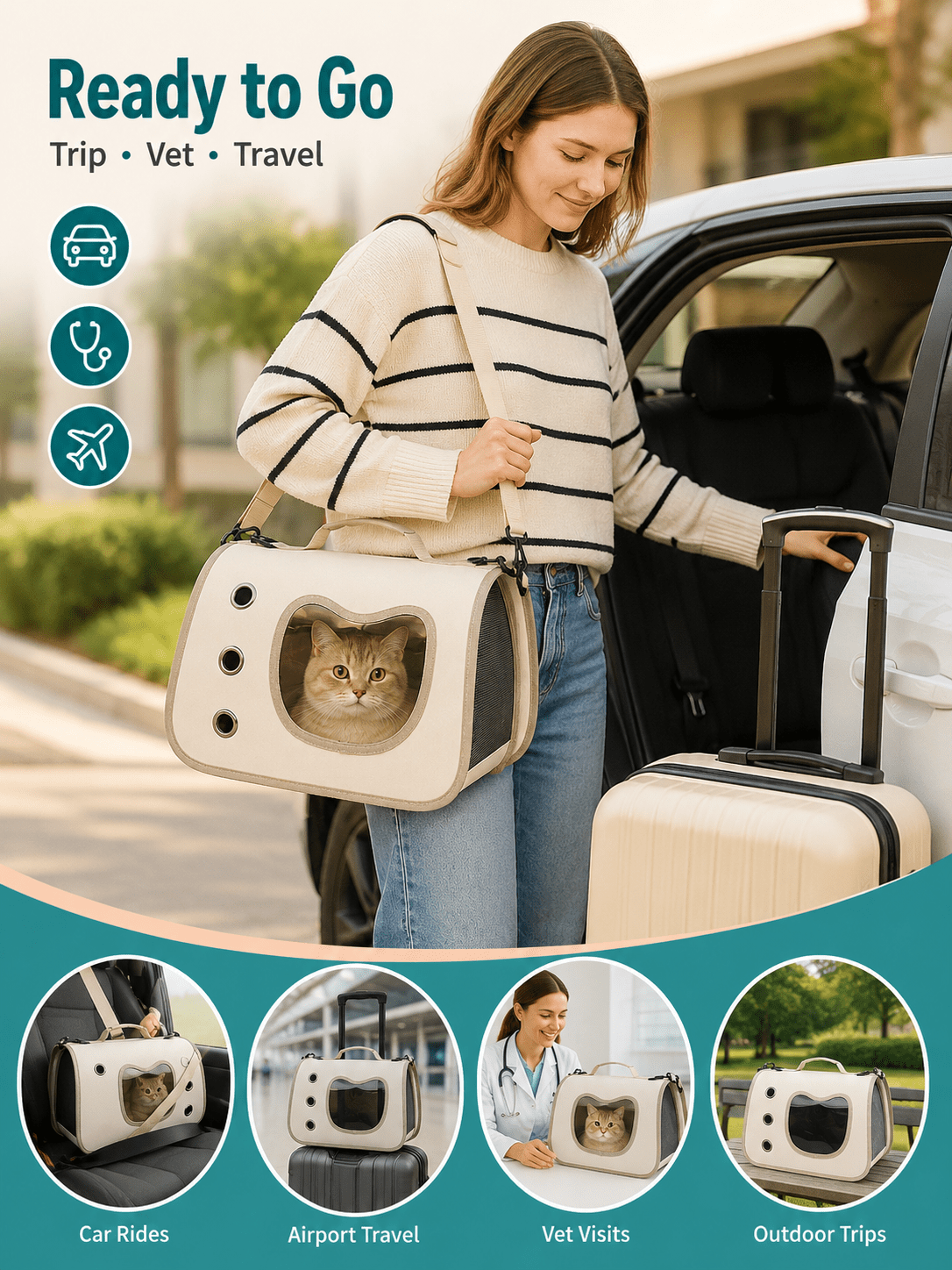 Pet Carrier Bag with Side Opening for Cats and Dogs, Soft-Sided Breathable Travel Tote for Handheld and Shoulder Carry, Off-White, Orange or Pink