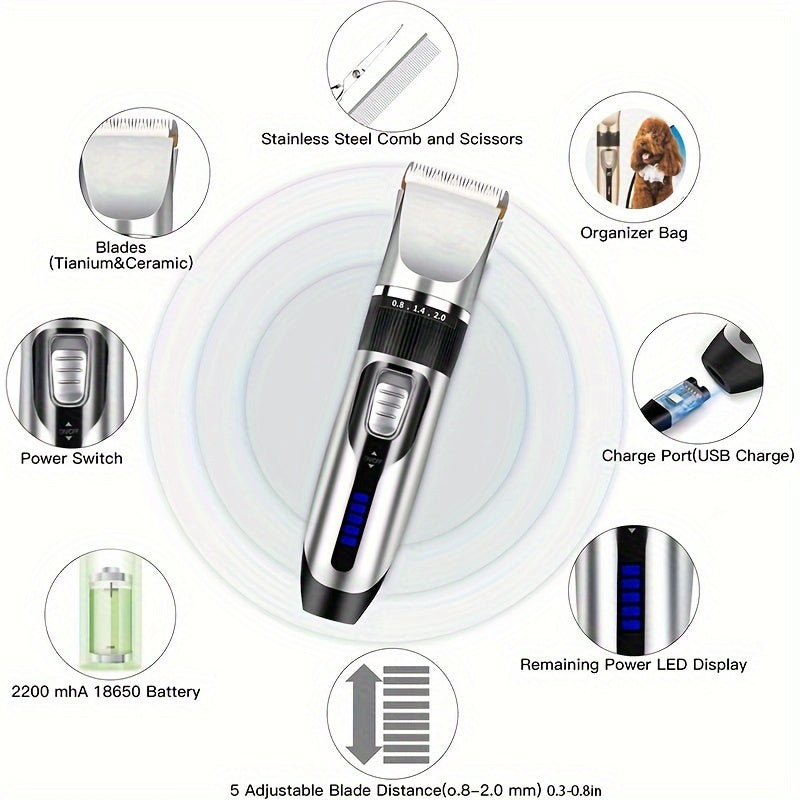 Rechargeable Dog Grooming Clippers Set in Silver, Low-Noise Electric Pet Hair Trimmer with Four Guide Combs for At-Home Dog and Cat Coat Care