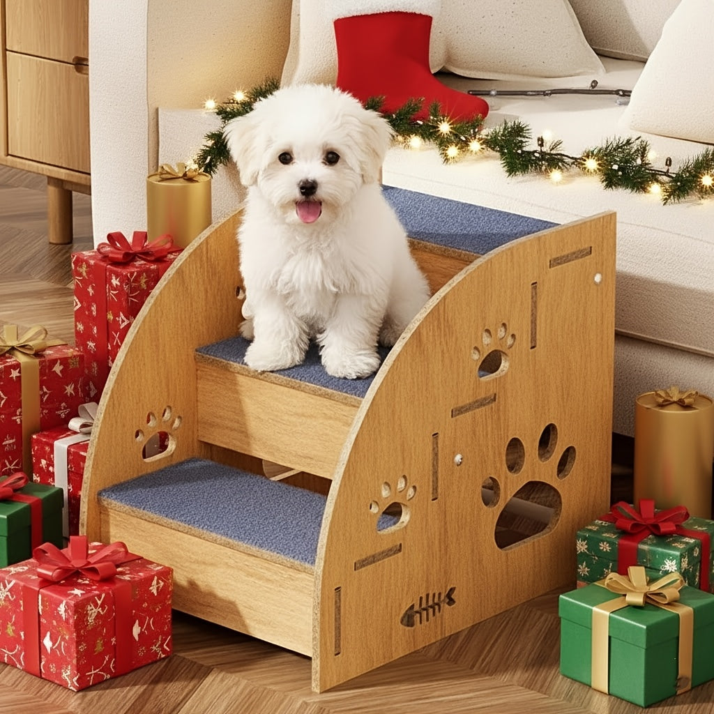 Pet Stairs for Bed and Couch, 15-Inch Three-Tier Dog and Cat Steps with Non-Slip Surface, Side Railings and Compact Ramp-Style Design