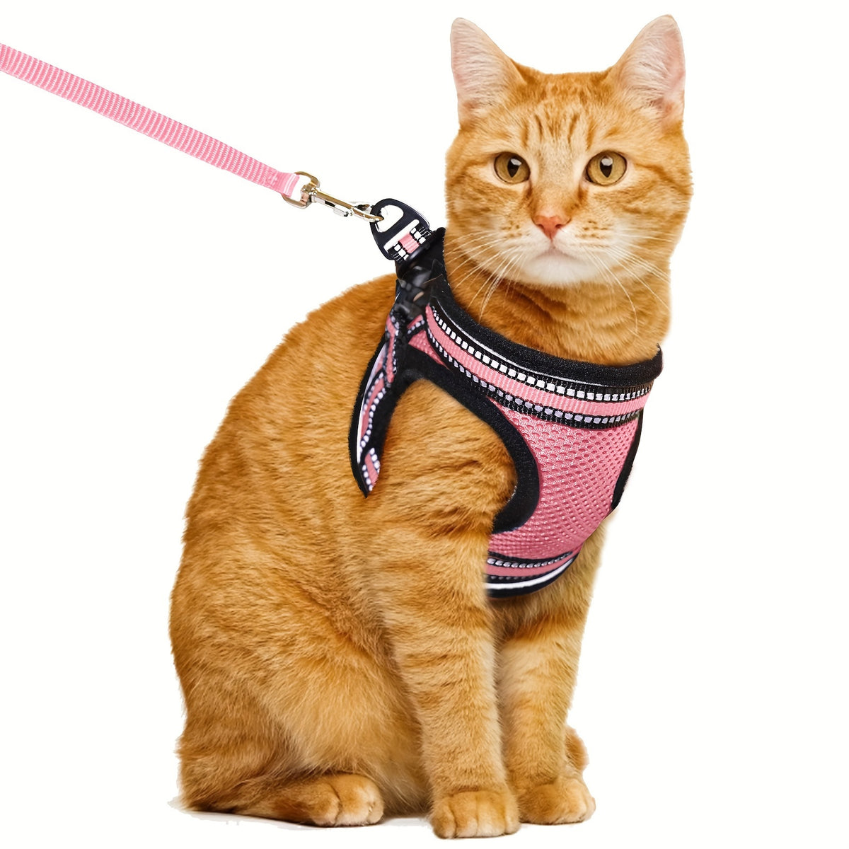 Cat Harness and Leash Set with Reflective Strip, Adjustable Soft Vest for Supervised Kitten and Cat Walks, S or M in Five Color Options