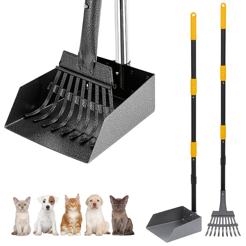 Dog Pooper Scooper Tray and Rake Set, Stainless Steel Pet Waste Removal Tools with Adjustable Handles for Everyday Yard Cleanup