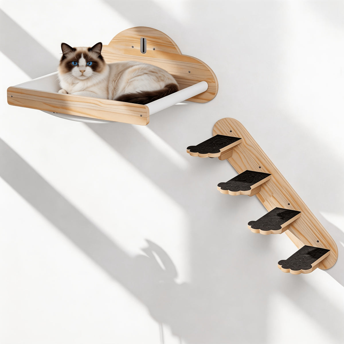 Pine Wood Cat Wall Shelves with Hammock or 4-Piece Set Options, Wall-Mounted Climbing and Resting Furniture for Indoor Cat Spaces