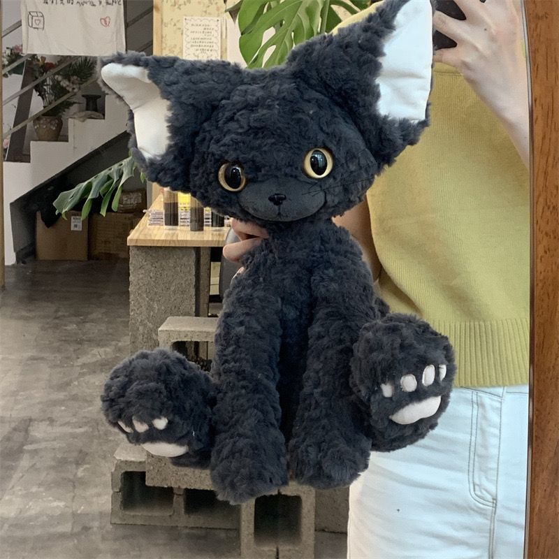 Soft Fur Cat Toy 13.78 Inch, Devon Rex Inspired Black Cat Character with Large-Eye Cartoon Design for Supervised Gentle Play and Pet Lover Gifts