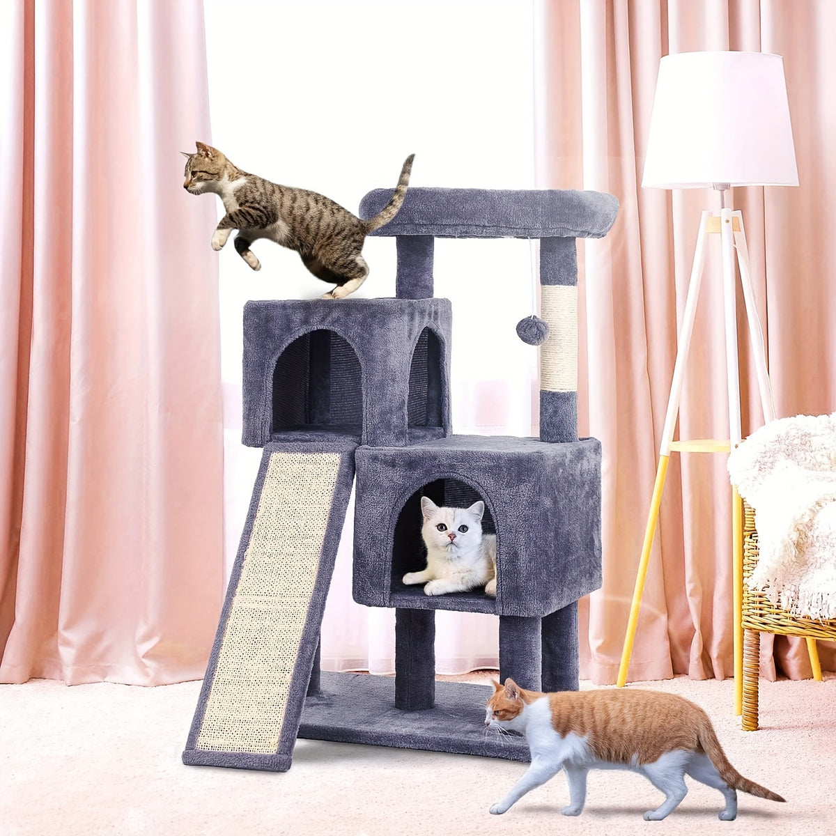 Cat Tree with Double Condos and Ramp, 36 Inch Plush Indoor Cat Tower with Top Perch, Sisal Scratching Posts and Dangling Ball, Three Colors