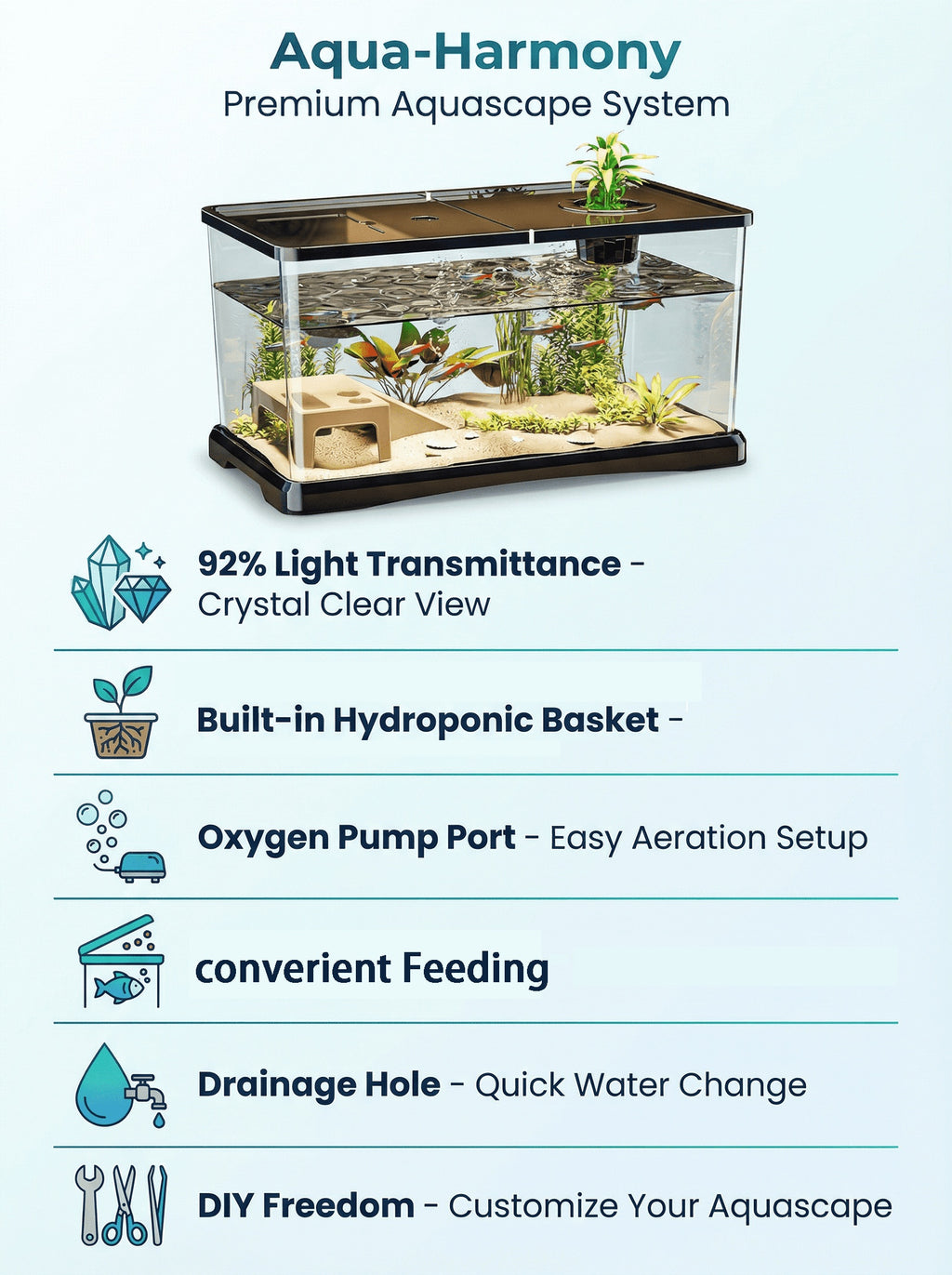 Rectangular Fish Tank with Lid and Plant Opening, Clear Aquarium Display in Large or M Model for Home, Office and Classroom Aquatic Decor