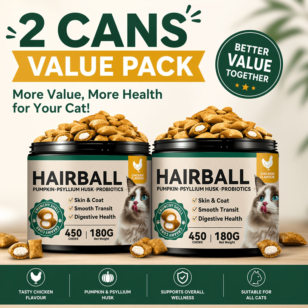 Cat Hairball Treats with Fiber and Fish Oil, Dual-Texture Crunchy and Creamy Cat Snacks for Indoor Cats, Chicken Flavor and Multipack Options
