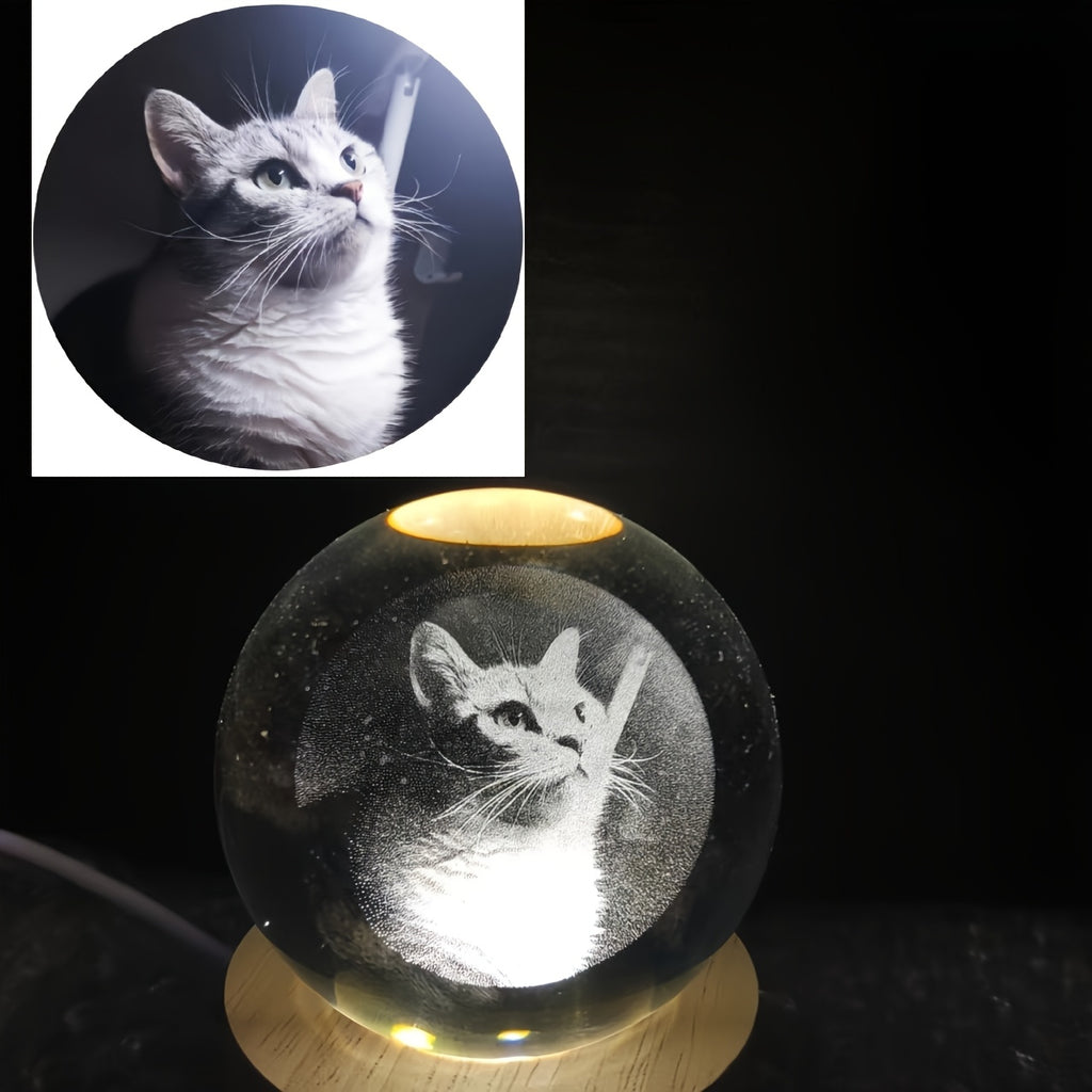 Personalized Pet Photo Crystal Ball with Laser Engraving, Custom Name and Date Keepsake with Warm Base for Dog and Cat Lover Gifts