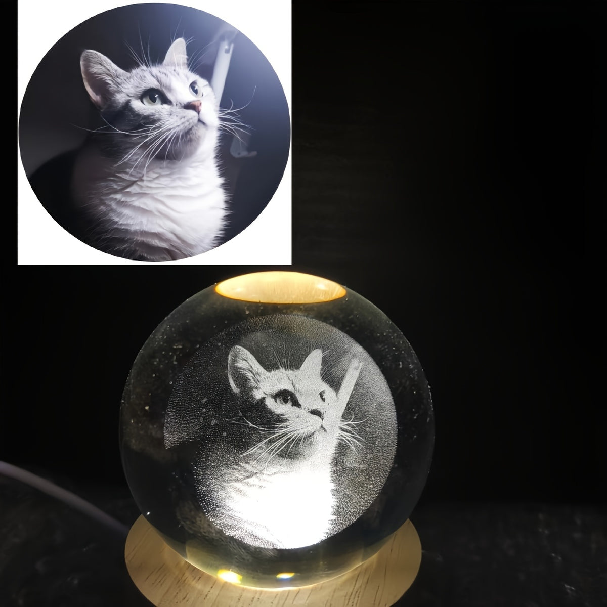 Personalized Pet Photo Crystal Ball with Laser Engraving, Custom Name and Date Keepsake with Warm Base for Dog and Cat Lover Gifts
