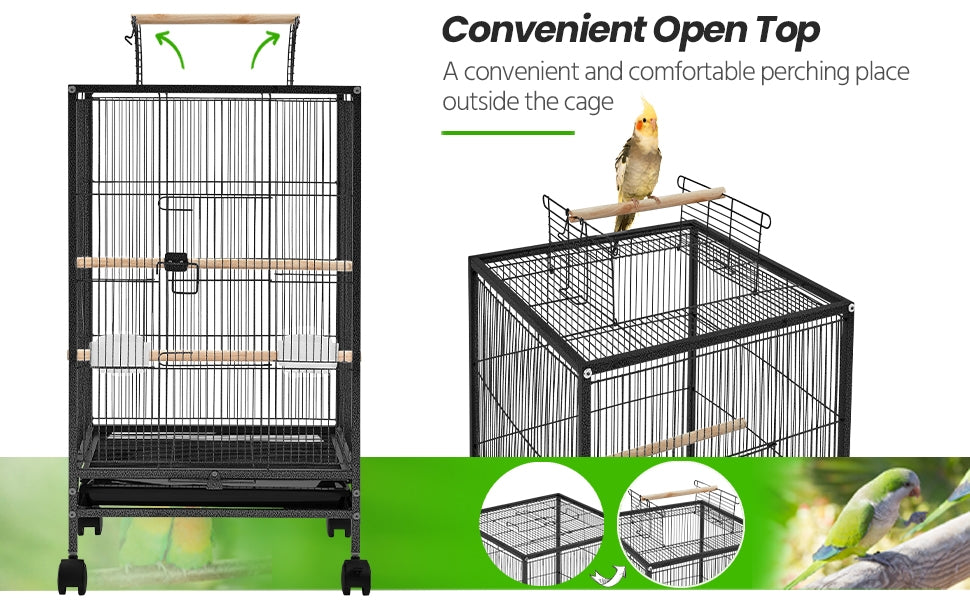 Bird Cage with Rolling Stand, 31-Inch Black Wrought Iron Open-Top Small Bird Habitat with Two Feeders, Three Perches and Slide-Out Tray