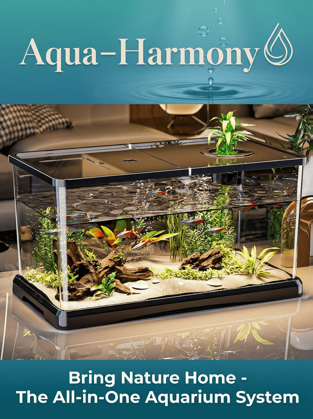 Rectangular Fish Tank with Lid and Plant Opening, Clear Aquarium Display in Large or M Model for Home, Office and Classroom Aquatic Decor