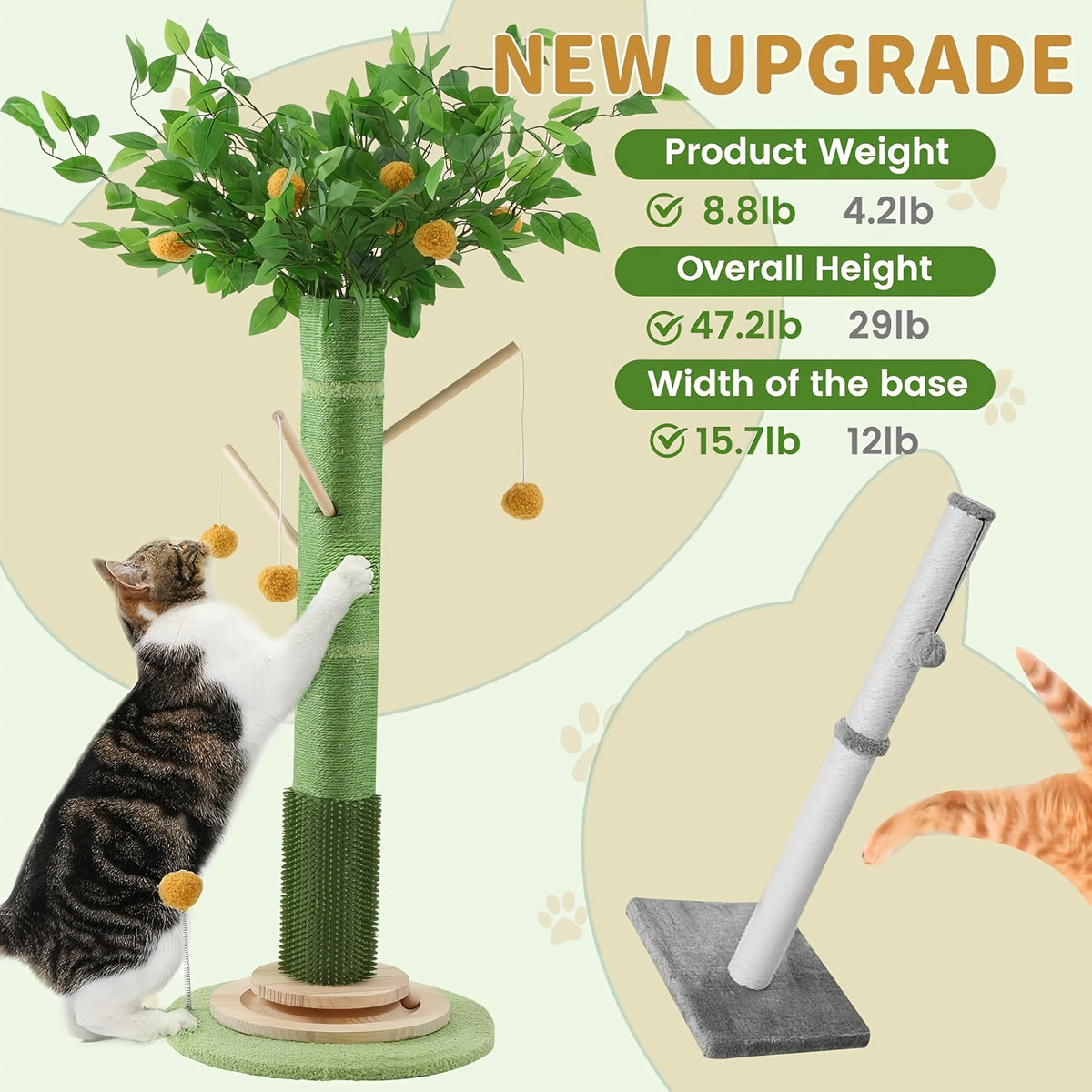 Orange Tree Cat Scratching Post with Detachable Teaser Wand, Green Tree and Orange Ball Cat Scratcher for Indoor Scratching and Interactive Play