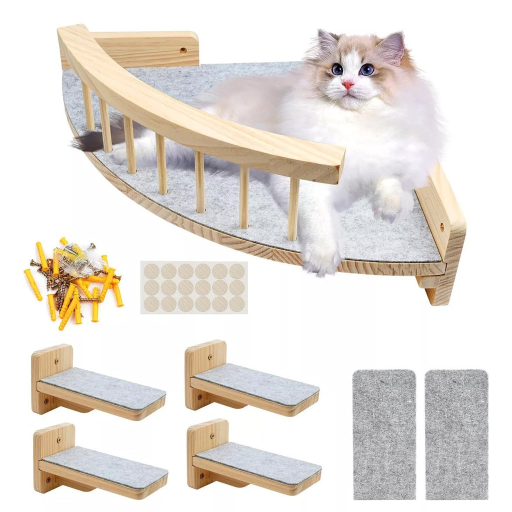 Corner Cat Shelves with 4 Climbing Steps, 13 x 13 Inch Wall-Mounted Wooden Cat Bed with 6 Felt Pads for Small and Medium Indoor Cats