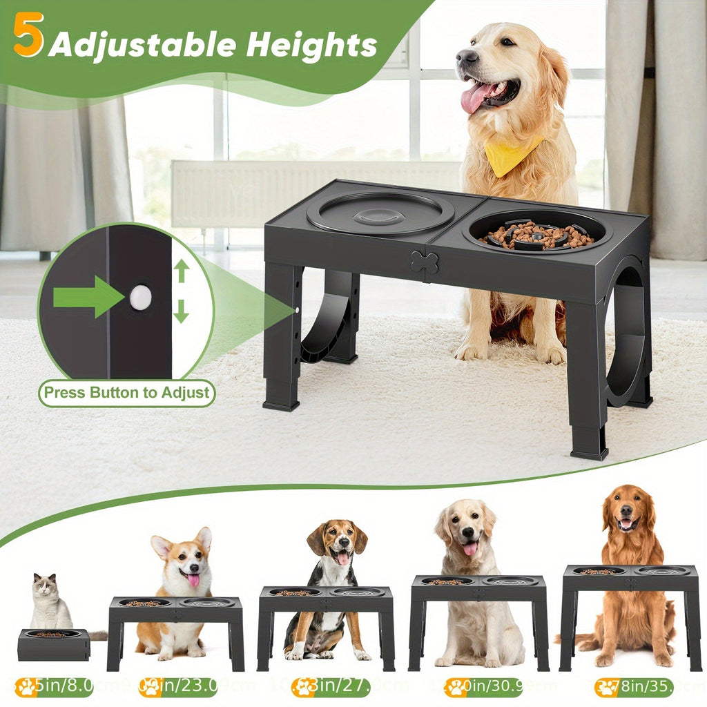 Four-Level Elevated Dog Bowls with 1L Slow Feeder and Spill-Reducing Water Bowl, Black Adjustable Non-Slip Feeding Station for Daily Meals