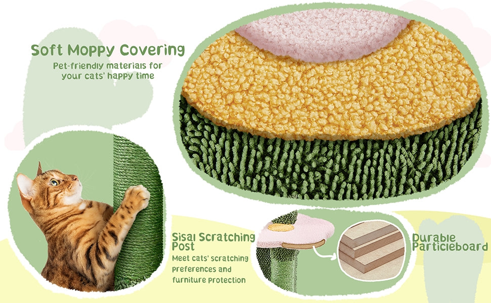 Cactus Cat Tree 48.5 Inch, Oasis-Themed Fleece Cat Tower with 3 Perches, Condo, Scratching Posts and Toys for Small Medium Indoor Cats, Green Yellow
