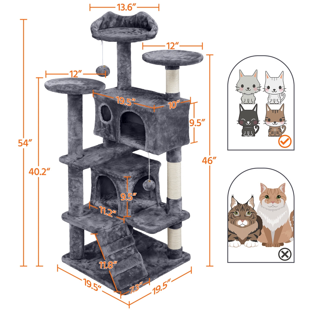 Cat Tree with Twin Hideaways, 54 or 62 Inch Dark Gray Indoor Cat Tower with Two Condos, Three Scratching Posts and Dangling Balls for Play and Rest
