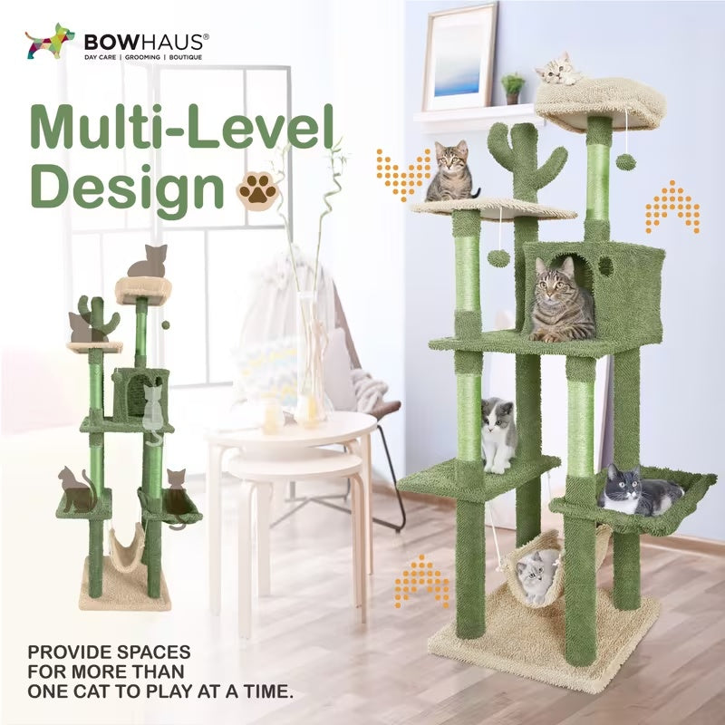 Cactus Cat Tower with Widened Perch and Scratching Posts, Multi-Level Indoor Cat Furniture in 37, 40, 58 or 70 Inch Size Options for Play and Rest