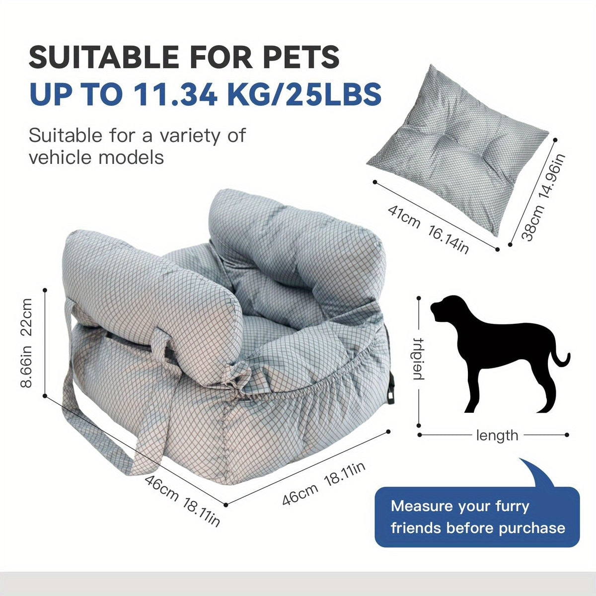 Portable Dog Car Seat with Carry Straps, Cushioned Pet Travel Bed for Dogs and Cats with Attachment Hook and Buckle, Seven Color and Style Options