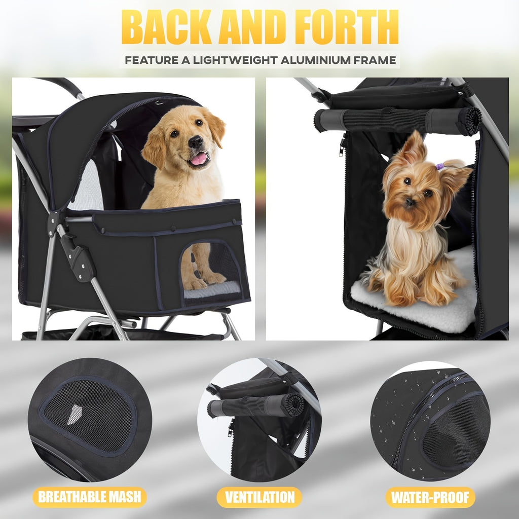 Pet Stroller with Four-Wheel Layout, Folding Frame and Mesh Canopy, Dog and Cat Pushchair with Storage Basket, Cup Holder and Removable Liner