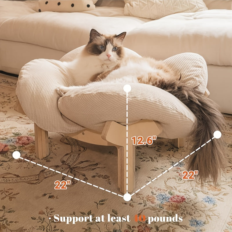 Pink Wooden Cat Lounge Bed with Soft Cushion, Elevated Indoor Pet Sofa Chair in Pink + Two Linen Fish Style for Cat Naps and Cozy Home Lounging