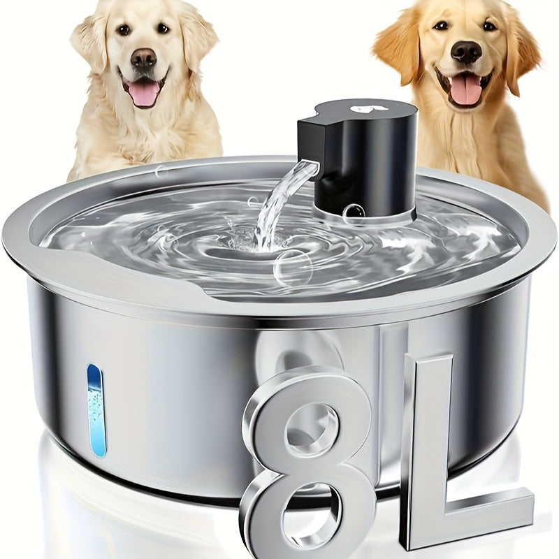 Pet Water Fountain 8L with Water Level Window, Silvery Stainless Steel Drinking Dispenser for Dogs and Cats with Selected Filter Bundle Options