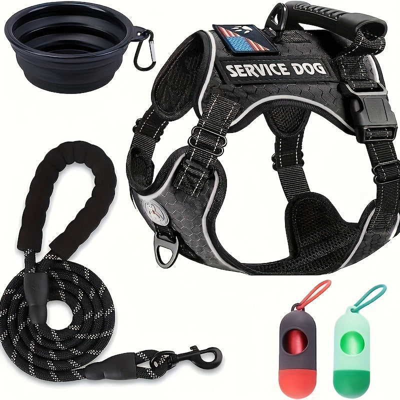 Dog Harness Walking Kit with Reflective No-Pull Adjustable Harness, Leash, Water Bowl and Two Bag Holders, 5-Piece Set for Small Medium and Large Dogs