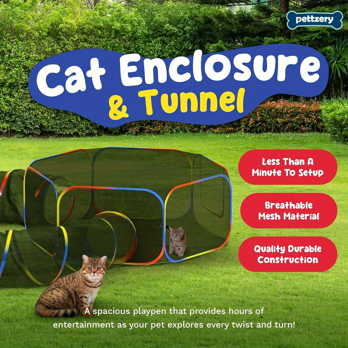 Cat Playpen with Tunnel, Portable Outdoor Cat Enclosure and Catio Tent for Indoor Cats, Supervised Backyard Play and Daily Exploration