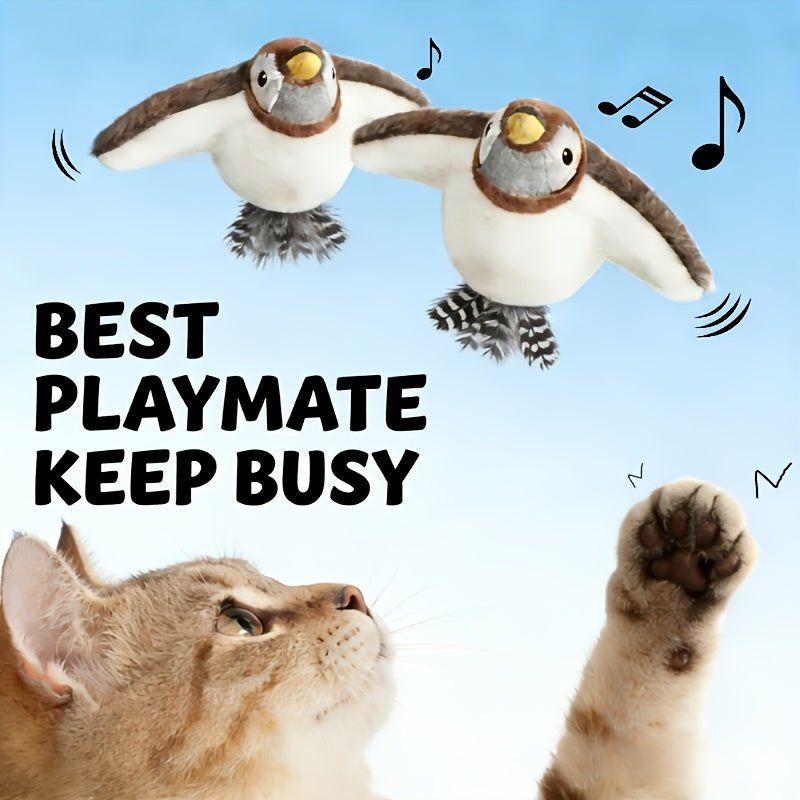Rechargeable Bird Cat Toy 2-Pack, Cordless Flying Sparrow with Fluttering Wings and Jumping Motion for Supervised Indoor and Outdoor Play