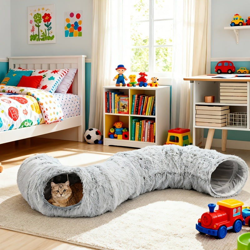 Cat Tunnel Bed with Plush Donut Hideaway, Winter Cozy 2-in-1 Indoor Cat Cave with Hanging Pom-Pom Toys and Thickened Non-Slip Bottom