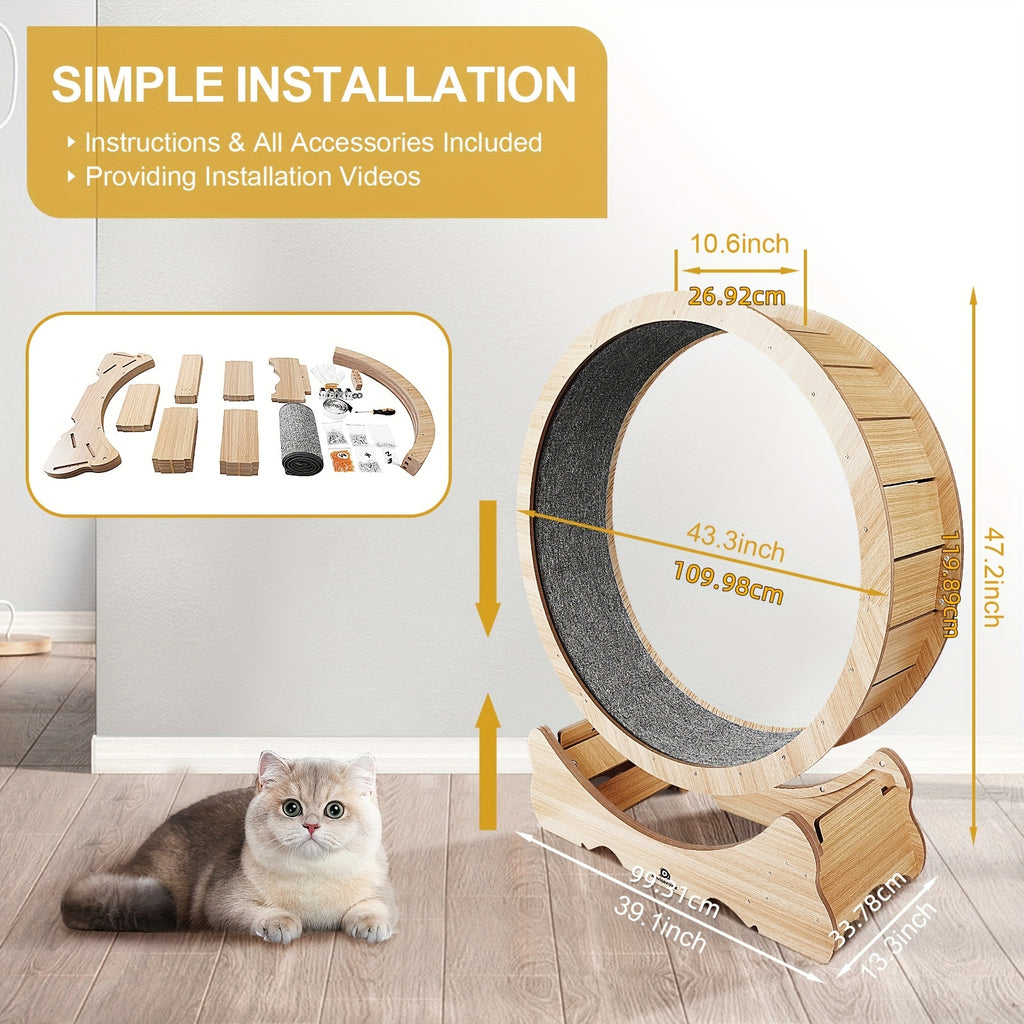 45 Inch Cat Exercise Wheel with Carpeted Runway, Large Wooden Indoor Cat Treadmill for Supervised Activity in Wood, Black or White