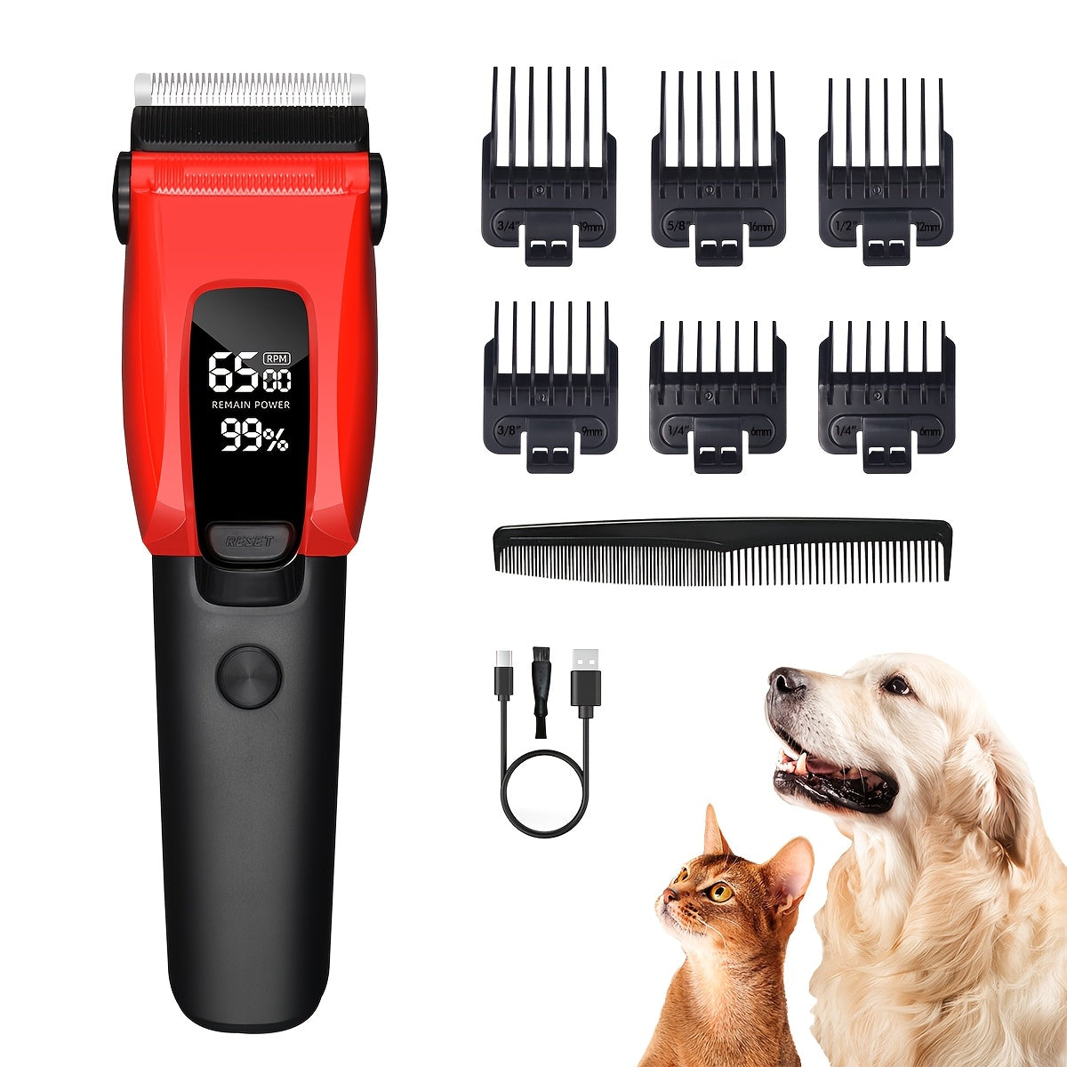 3-Speed Dog Clippers with LED Display and Auxiliary Light, Cordless Rechargeable Pet Grooming Kit with Six Guide Combs for Dogs and Cats