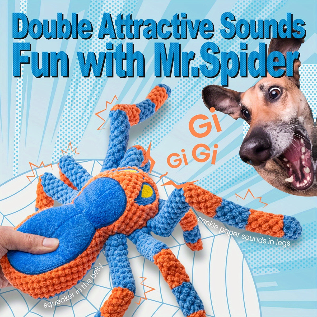 Spider Dog Toy with Squeaker and Crinkle Legs, Interactive Plush Tug of War Toy for Large Dogs, Red or Blue Halloween Pet Gift