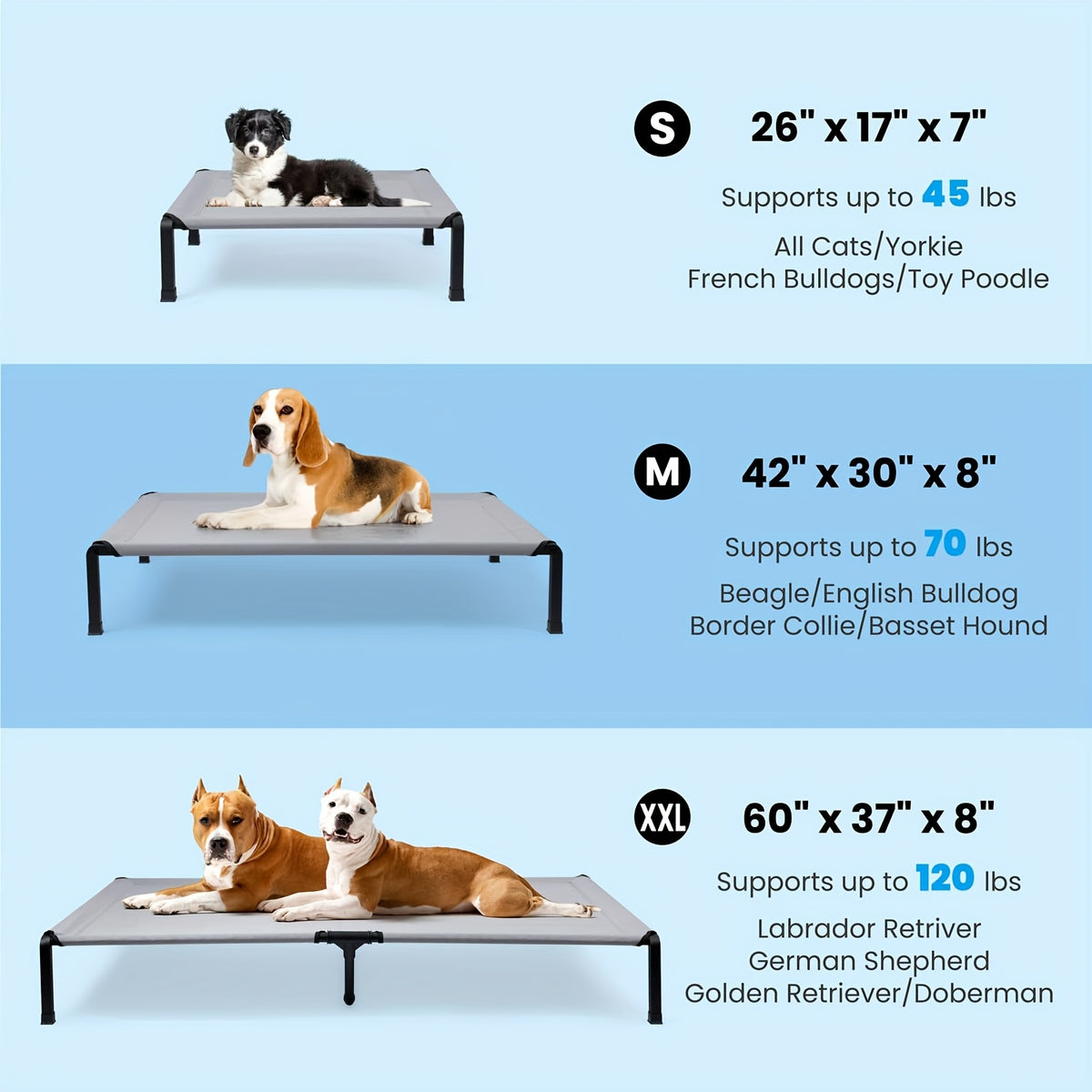 Outdoor Dog Cot with Textilene Mesh, Elevated Pet Bed in 26, 42 and 60 Inch Sizes with Iron Frame and Non-Slip Feet for Patio and Camping