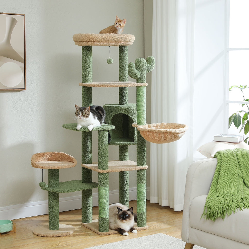Cat Tree with Twin Perches and Large Hammock, Multi-Level Indoor Cat Tower with Condo Hideaway, Sisal Scratching Posts and Cactus Green Color Option